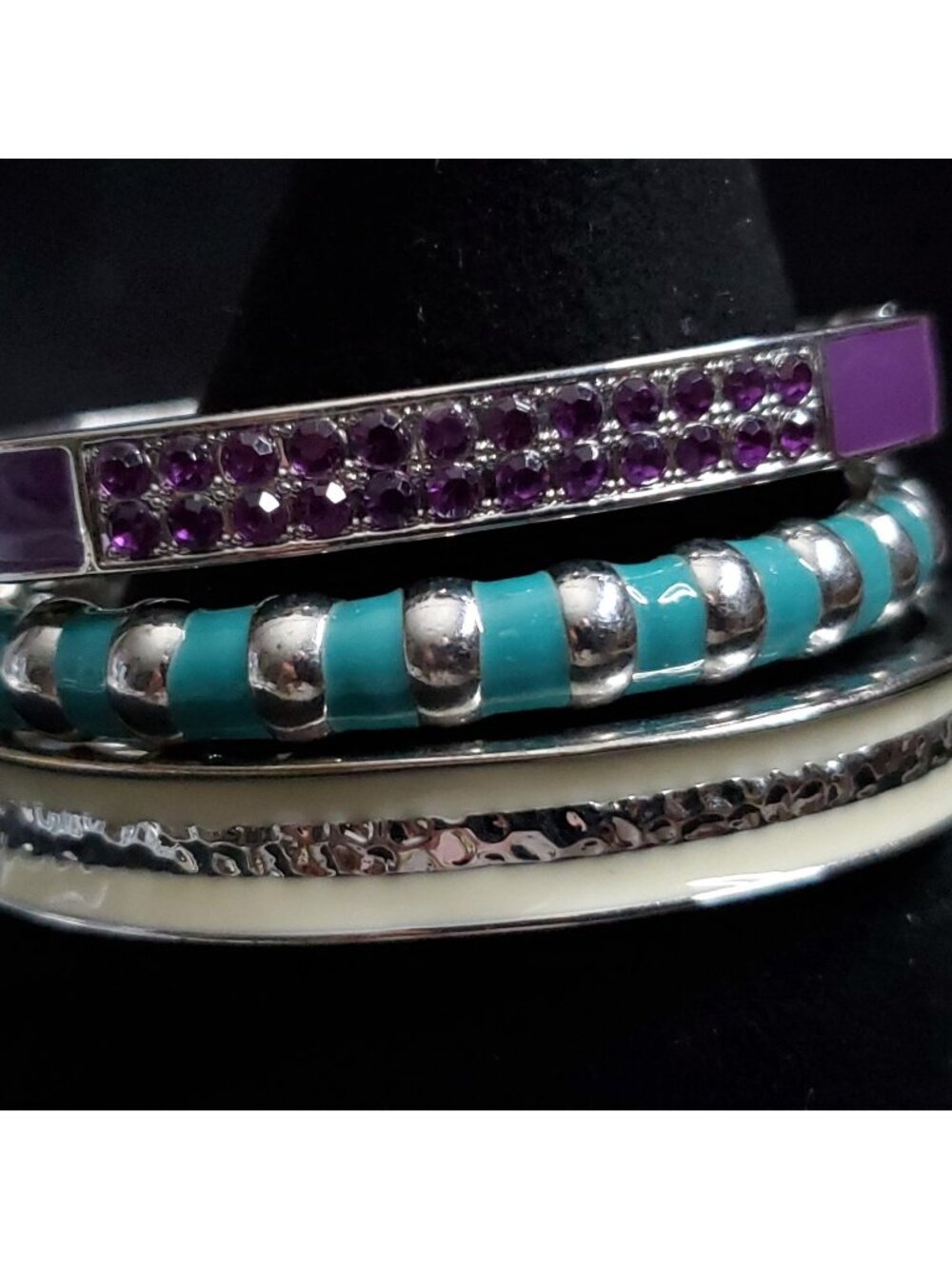 Bangle Bracelet Lot of 3 Enamel Silver Tone Purple Green Cream 7+"